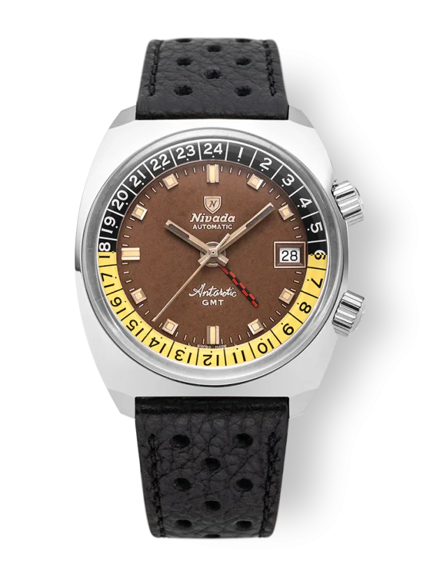 Men's silver Nivada Grenchen watch with leather strap Antarctic GMT - Tropical 32061A10 36MM Automatic