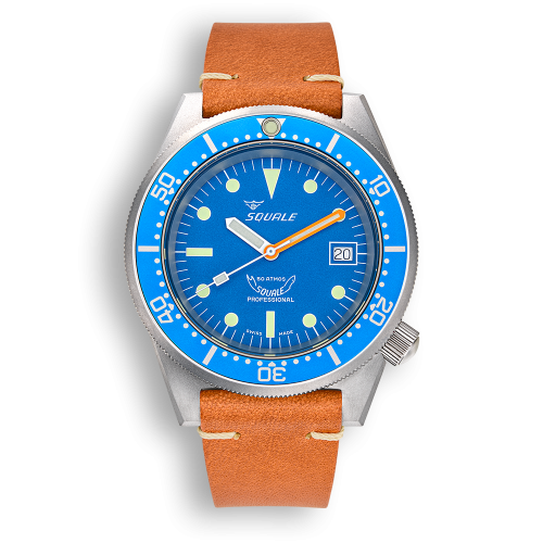 Strieborné pánske hodinky Squale s koženým pásikom 1521 Blue Blasted Leather - Silver 42MM Automatic