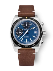 Men's silver Nivada Grenchen watch with leather strap CHRONOSPORT Blue 77003A14 38MM Automatic