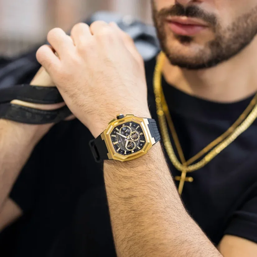 Zlaté pánské hodinky Ralph Christian s gumovým páskem The Equinox Chrono - Golden Eclipse 47MM