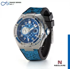 Montre Nsquare pour hommes en argent avec bracelet en cuir SnakeQueen Silver / Blue 46MM Automatic