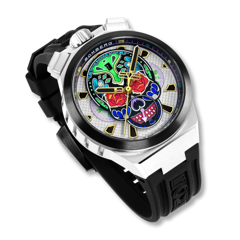 Strieborné pánske hodinky Bomberg Watches s gumovým pásikom CHRONO SKULL THROWBACK EDITION - COLORIDO 44MM Automatic