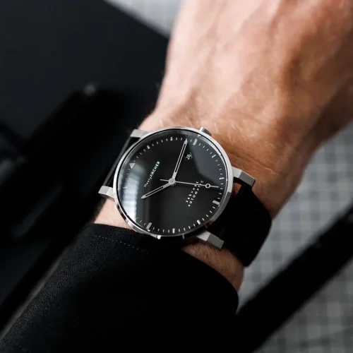 Zilverkleurig herenhorloge van Henryarcher Watches met leren band Sekvens - Dunkel 40MM Automatic