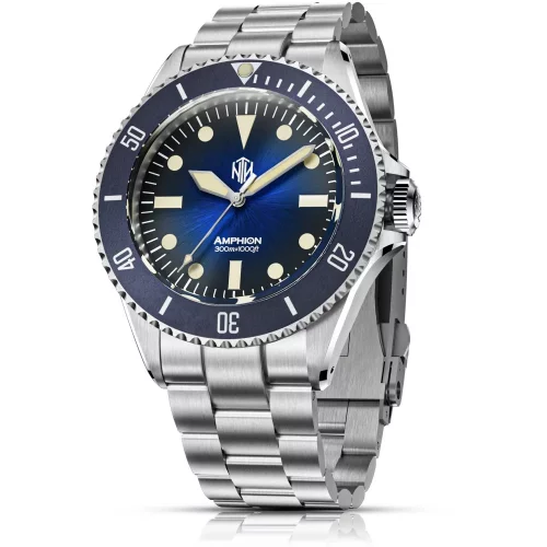 Ασημένιο ρολόι NTH Watches για άντρες με ιμάντα από χάλυβα Amphion Commando No Date - Blue Automatic 40MM