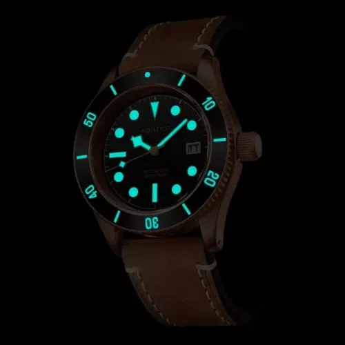 Goudkleurig herenhorloge Aquatico Watches met leren band Bronze Sea Star Military Green Automatic 42MM