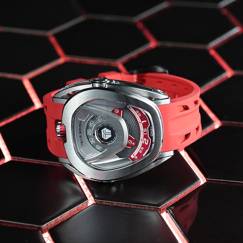 Men's silver Tsar Bomba Watch with a rubber band TB8213 - Silver / Red Automatic 44MM