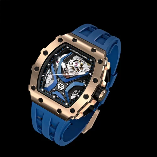 Orologio da uomo in oro Tsar Bomba Watch con un braccialetto di gomma TB8206A - Gold / Blue Automatic 43,5MM