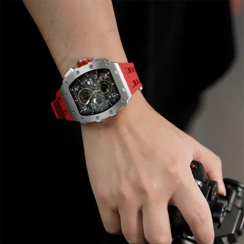 Ασημένιο ανδρικό ρολόι Tsar Bomba Watch με ατσάλινο λουράκι TB8204Q - Silver / Red 43,5MM
