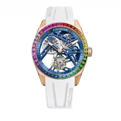Zlaté pánské hodinky Agelocer s gumovým páskem Tourbillon Rainbow Series White / Blue 42MM