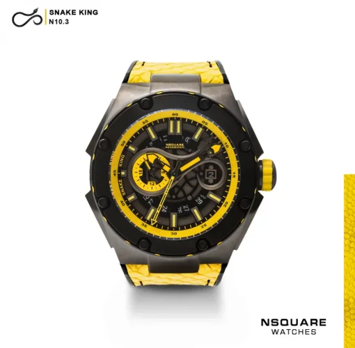 Muški crni sat Nsquare s kožnim remenom SnakeQueen Black / Yellow 46MM Automatic