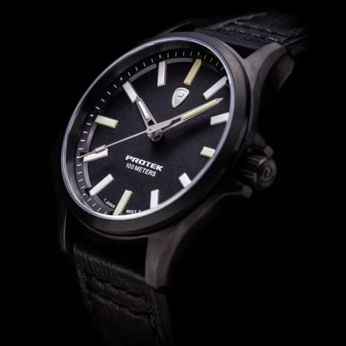 Crni muški sat ProTek Watches s kožnim remenom Field Series 3002 40MM