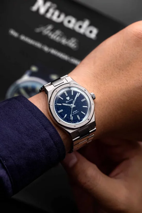 Men's silver Nivada Grenchen watch with steel strap F77 DARK BLUE 68010A77 37MM Automatic