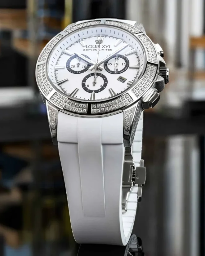 Stříbrné pánské hodinky Louis XVI s gumovým páskem Majesté Iced Out Royale - 1137 Silver 43MM