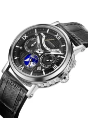 Stříbrné pánské hodinky Waldhoff s koženým páskem Multimatic II Obsidian Black 41MM Automatic