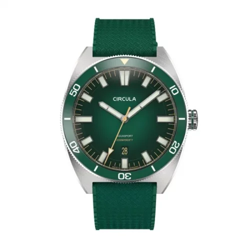 Męski srebrny zegarek Circula Watches z gumowym paskiem AquaSport II - Green 40MM Automatic