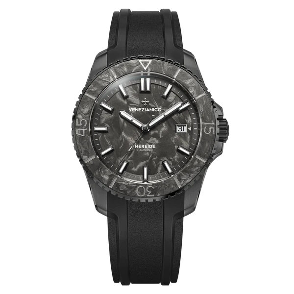 Montre homme Venezianico en noir avec bracelet en caoutchouc Nereide Carbonio 4521560 42MM Automatic