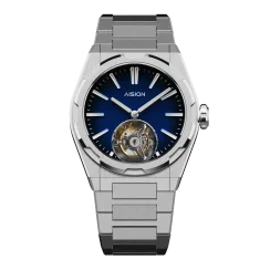 Men's silver Aisiondesign Watch with steel strap Tourbillon Hexagonal Pyramid Seamless Dial - Blue 41MM