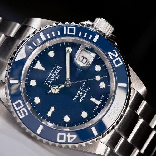 Ασημένιο ρολόι Davosa για άντρες με ιμάντα από χάλυβα Ternos Ceramic - Silver/Blue 40MM Automatic
