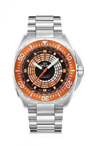 Stříbrné pánské hodinky Delma s ocelovým páskem Star Decompression Timer Silver / Orange 44MM Automatic