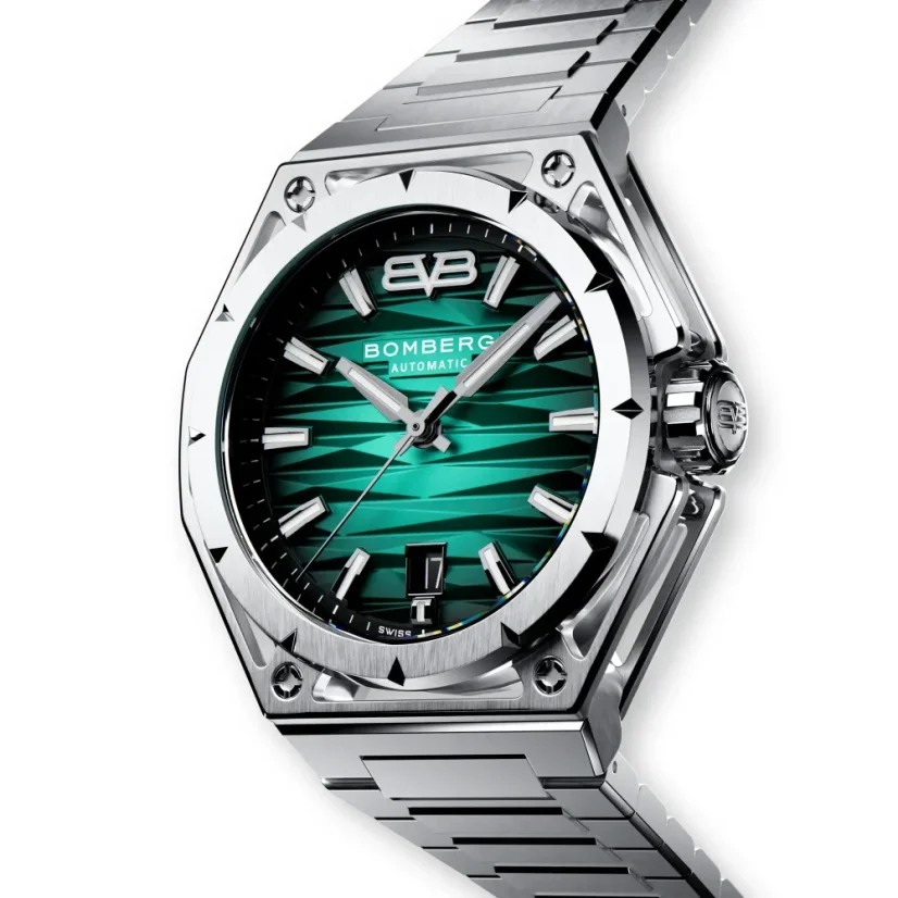 Men's silver Bomberg Watch with steel strap EDGE GREEN 43MM Automatic