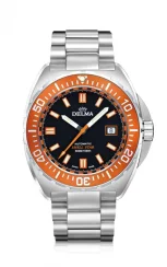 Męski srebrny zegarek Delma Watches ze stalowym paskiem Shell Star Silver / Orange 44MM Automatic