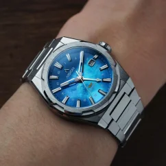 Stříbrné pánské hodinky Aisiondesign Watches s ocelovým páskem HANG GMT - Blue MOP 41MM Automatic