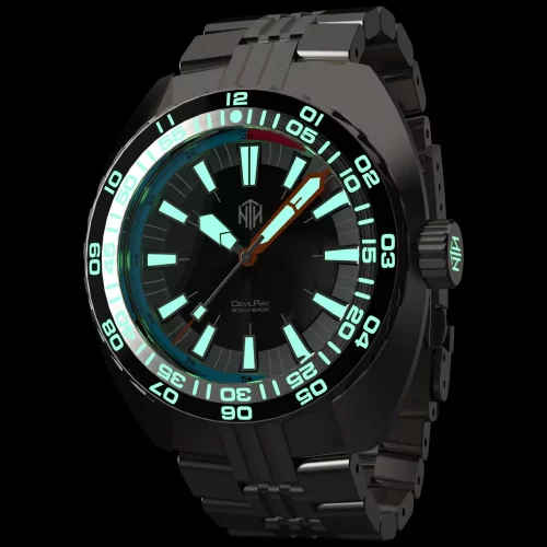 Stříbrné pánské hodinky NTH Watches s ocelovým páskem DevilRay No Date - Silver / Black Automatic 43MM