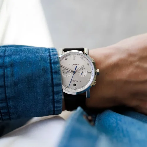 Men's silver Henryarcher Watches watch with leather strap Kvantum - Matriks Nero 41MM