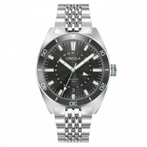 Męski srebrny zegarek Circula Watches ze stalowym paskiem AquaSport GMT - Black 40MM Automatic