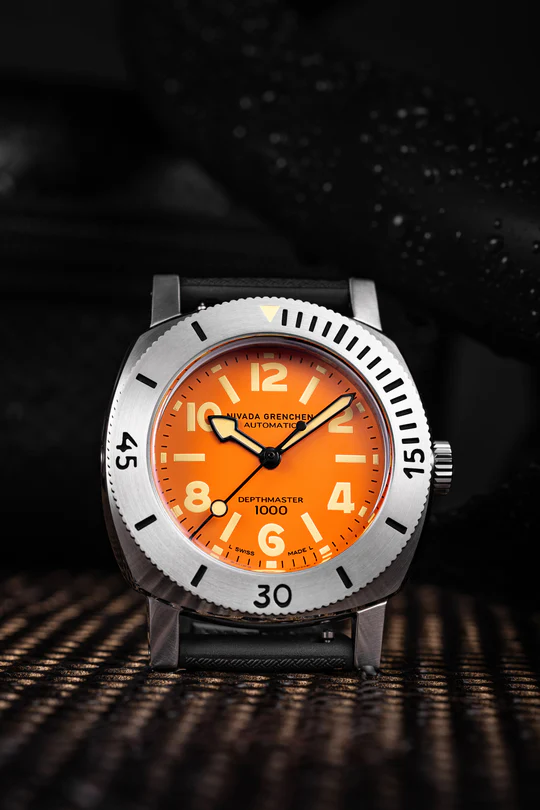 Men's silver Nivada Grenchen watch with leather strap Orange Depthmaster 14127A17 39MM Automatic