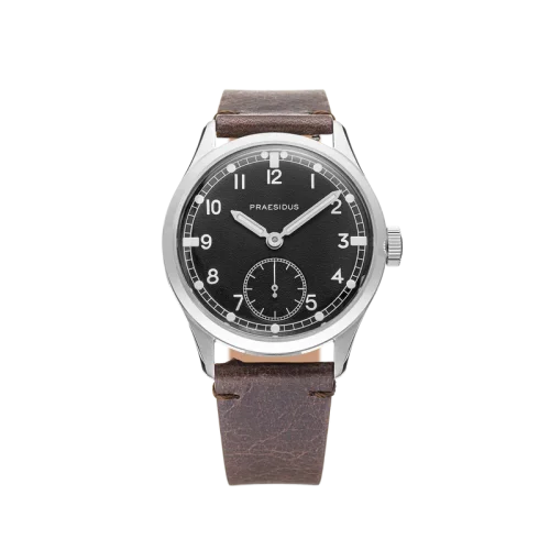Stříbrné pánské hodinky Praesidus s koženým páskem DD-45 Factory Fresh Brown 38MM Automatic