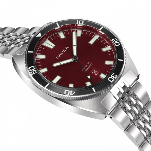 Męski srebrny zegarek Circula Watches ze stalowym paskiem AquaSport II - Red 40MM Automatic