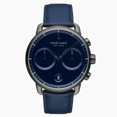 Men's black Nordgreen watch with leather strap Pioneer Navy Dial - Navy Leather / Gun Metal 42MM