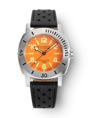 Men's silver Nivada Grenchen watch with leather strap Orange Depthmaster 14127A10 39MM Automatic