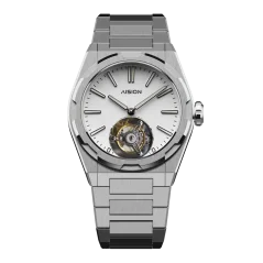 Stříbrné pánské hodinky Aisiondesign Watches s ocelovým páskem Tourbillon Hexagonal Pyramid Seamless Dial - White 41MM