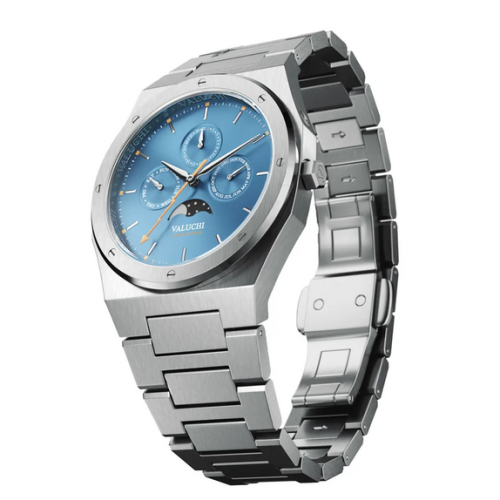 Orologio da uomo Valuchi Watches in argento con cinturino in acciaio Lunar Calendar - Silver Blue Moonphase 40MM