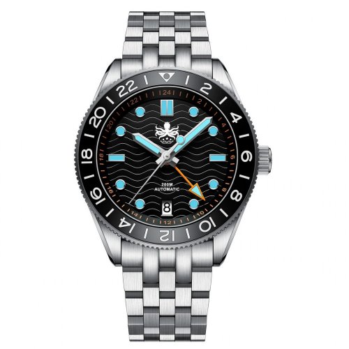 Miesten hopeinen Phoibos Watches -kello teräshihnalla GMT Wave Master 200M - PY049C Black Automatic 40MM