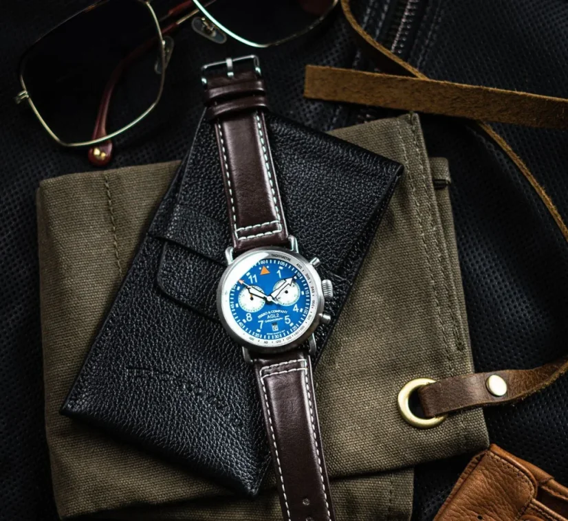 Men's silver Ferro & Company with leather strap AGL 2 Chronograph Blue 42MM
