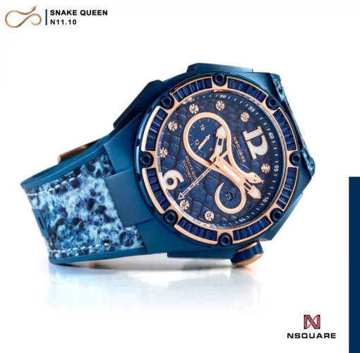 Blauw herenhorloge van Nsquare met leren riem SnakeQueen Blue 46MM Automatic