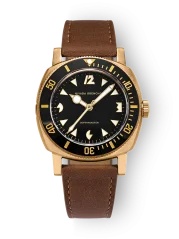 Men's gold Nivada Grenchen watch with leather strap Pacman Depthmaster Bronze 14123A16 Brown Leather 39MM Automatic