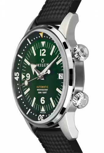 Strieborné pánske hodinky Milus Watches s gumovým pásikom Archimèdes by Milus Wild Green 41MM Automatic