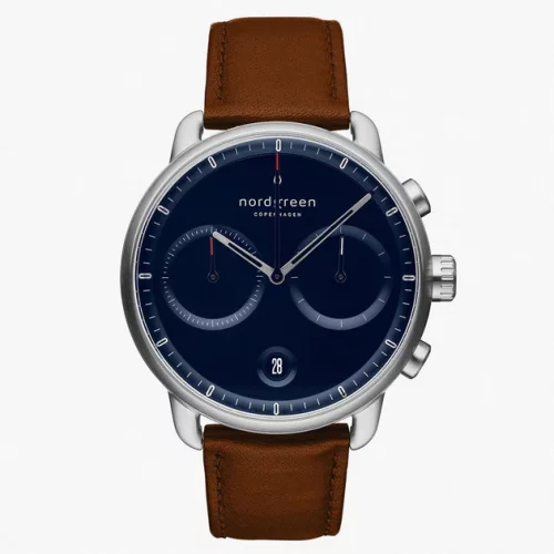 Ασημένιο ρολόι Nordgreen για άντρες με δερμάτινη ζώνη Pioneer Navy Dial - Brown Leather / Silver 42MM