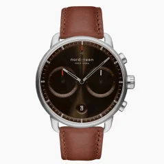 Men's silver Nordgreen watch with leather strap Pioneer Brown Sunray Dial - Brown Leather / Silver 42MM