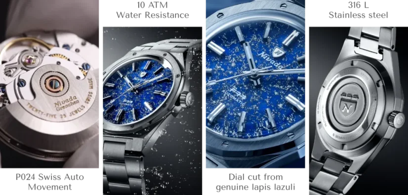 Strieborné pánske hodinky Nivada Grenchen s textilným opaskom F77 STAINLESS STEEL LAPIS LAZULI 68009A77-BC 37MM Automatic