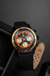 Czarny zegarek męski Nivada Grenchen ze skórzanym paskiem Chronoking Mecaquartz Black 87041Q10 38MM