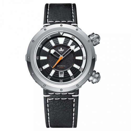 Muški srebrni sat Phoibos Watches s kožnim remenom Vortex Anti-Magnetic PY042C - Black Automatic 43.5MM