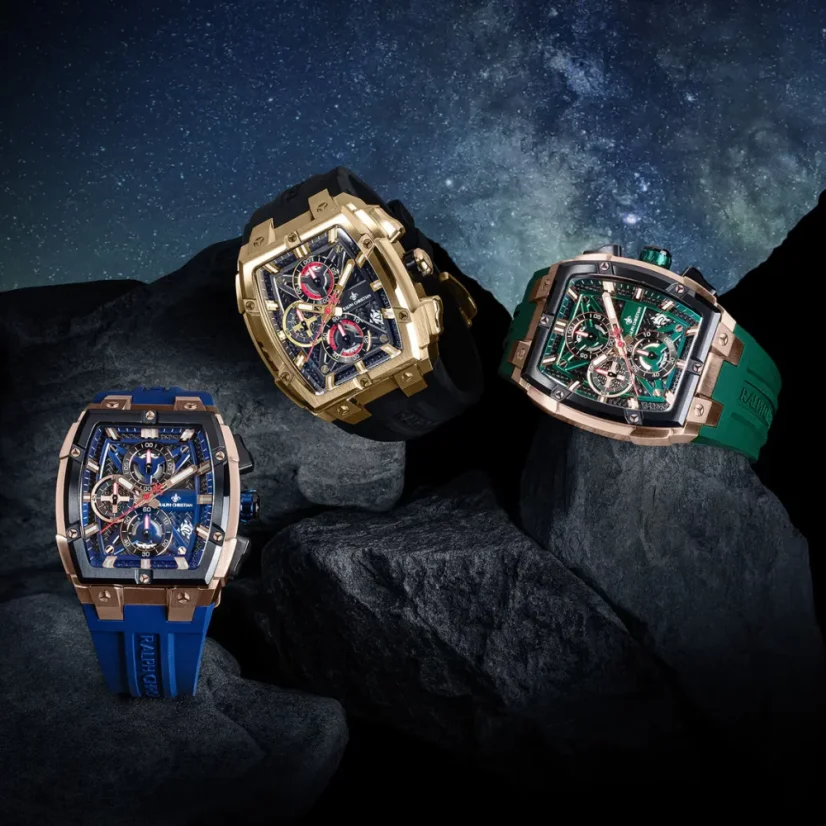 Goldene Herrenuhr Ralph Christian mit Gummiband The Polaris Chrono - Rose Gold / Royal Blue 42,5MM