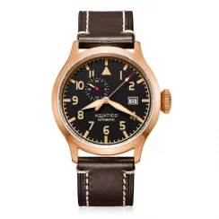Złoty zegarek męski Aquatico Watches ze skórzanym paskiem Big Pilot Black Automatic 43MM