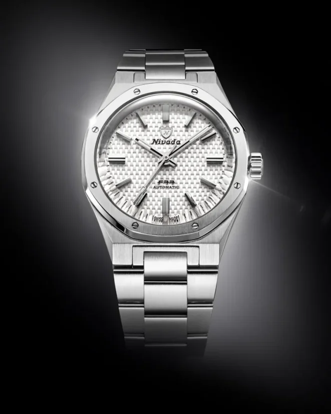 Men's silver Nivada Grenchen watch with steel strap 77 SST WHITE MK2 69014A77 With Date 38MM Automatic