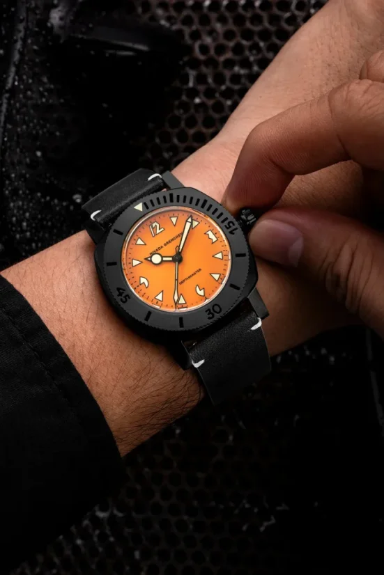 Men's black Nivada Grenchen watch with leather strap Depthmaster Black Pumpkin 14131A15 39MM Automatic